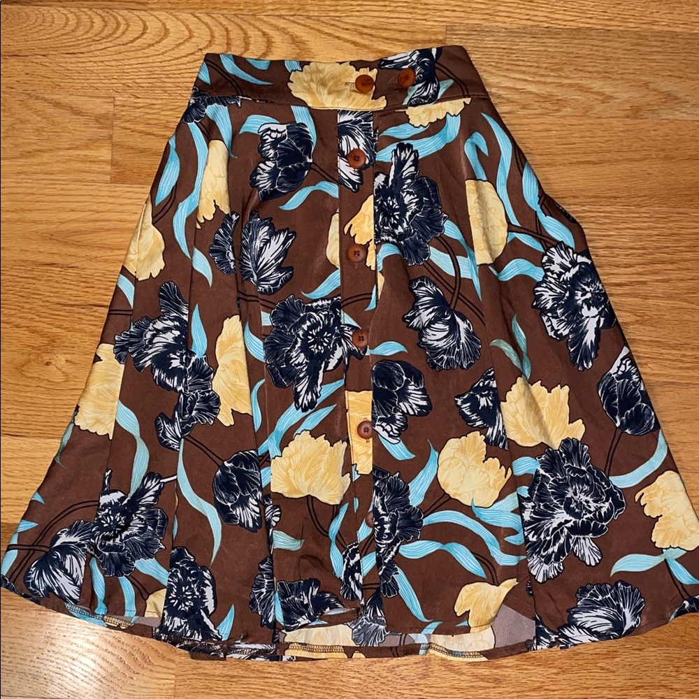 IM VELY Floral Button-Down Brown Skirt
